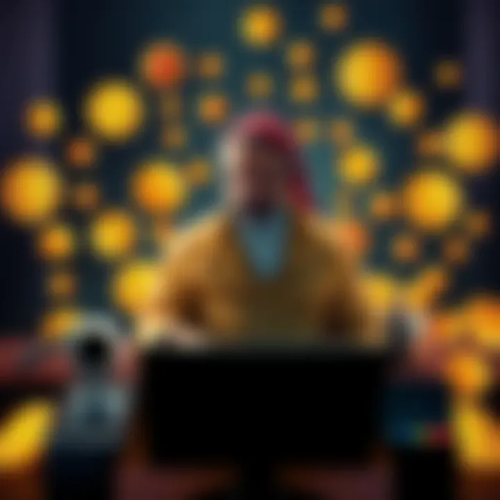 A person sitting at a desk surrounded by Bitcoin symbols, looking worried and confused, reflecting on lost wallet keys.